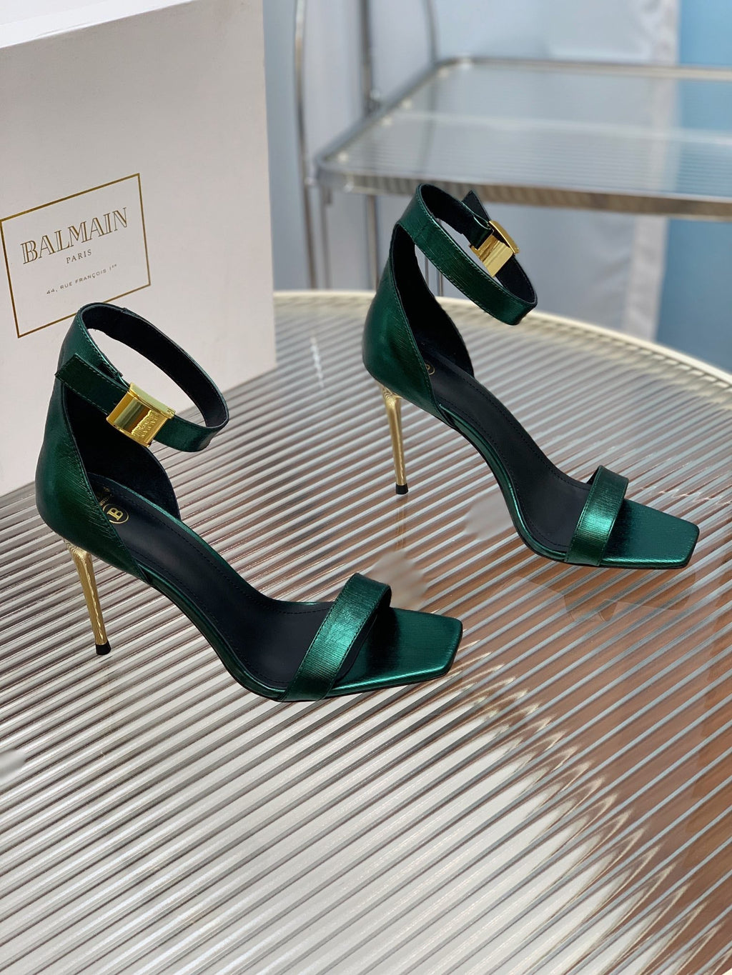 BALMAIN 25S METAL BUCKLE HIGH HEELS 95MM IN TEAL GREEN CALFSKIN