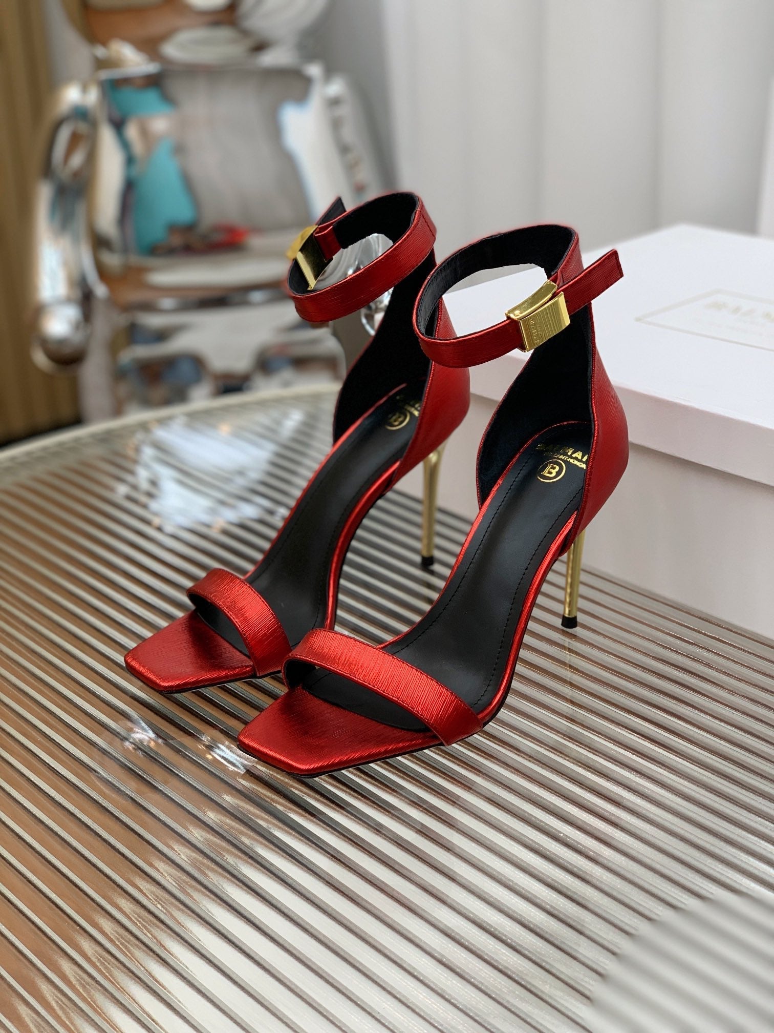 BALMAIN 25S METAL BUCKLE HIGH HEELS 95MM IN CHERRY RED CALFSKIN