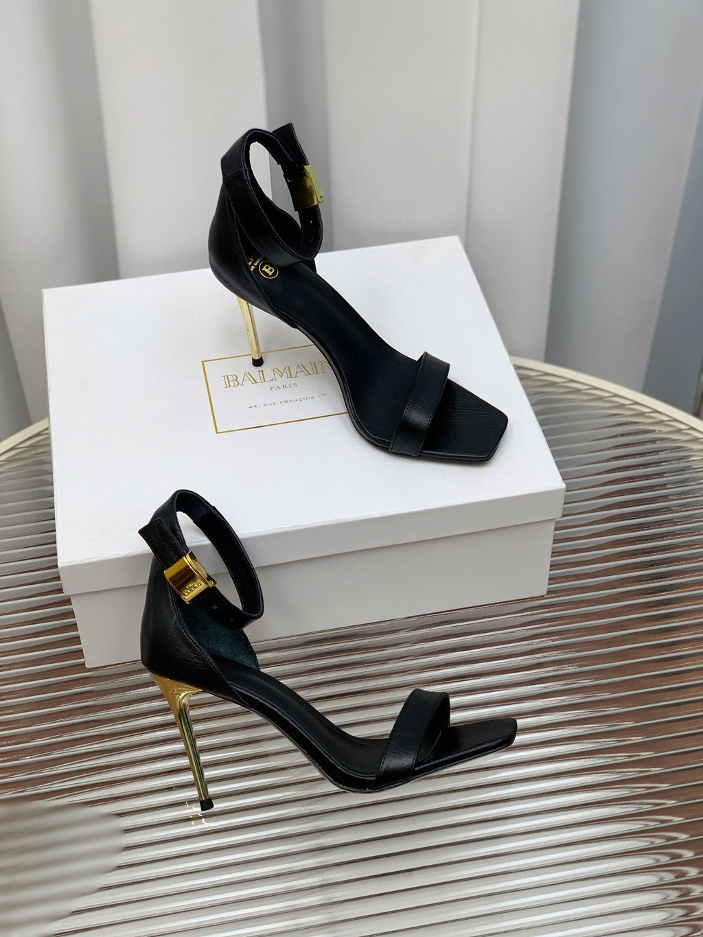 BALMAIN 25S METAL BUCKLE HIGH HEELS 95MM IN BLACK CALFSKIN