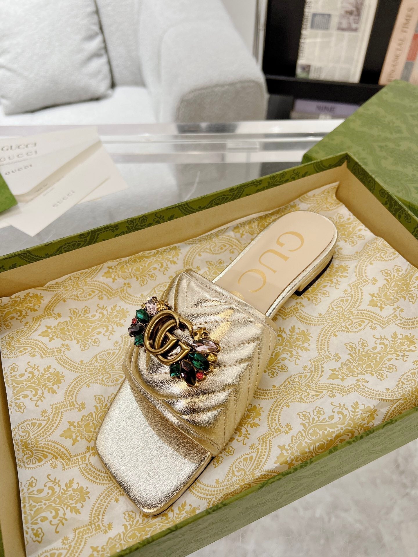 GG SPARKLE CRYSTAL SLIDE SANDAL METALLIC GOLD CALFSKIN