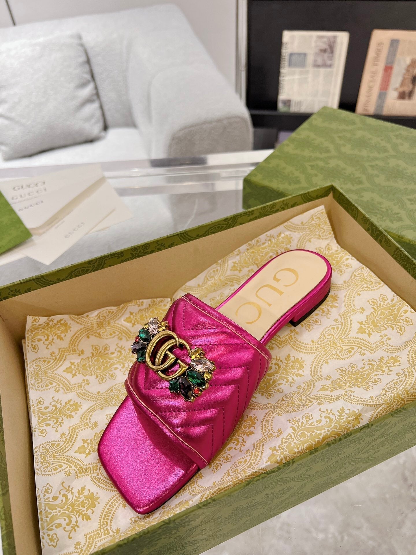 GG SPARKLE CRYSTAL SLIDE SANDAL METALLIC PINK CALFSKIN