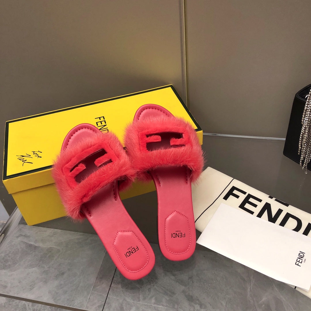 FENDI BAGUETTE MINK SLIDE SLIPPER IN CANDY RED FUR