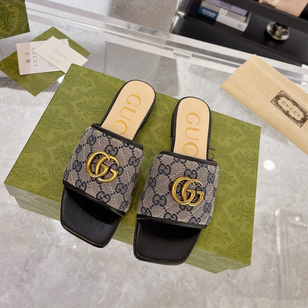 GG EXCLUSIVE SLIDE SANDAL BLACK AND CHARCOAL FABRIC