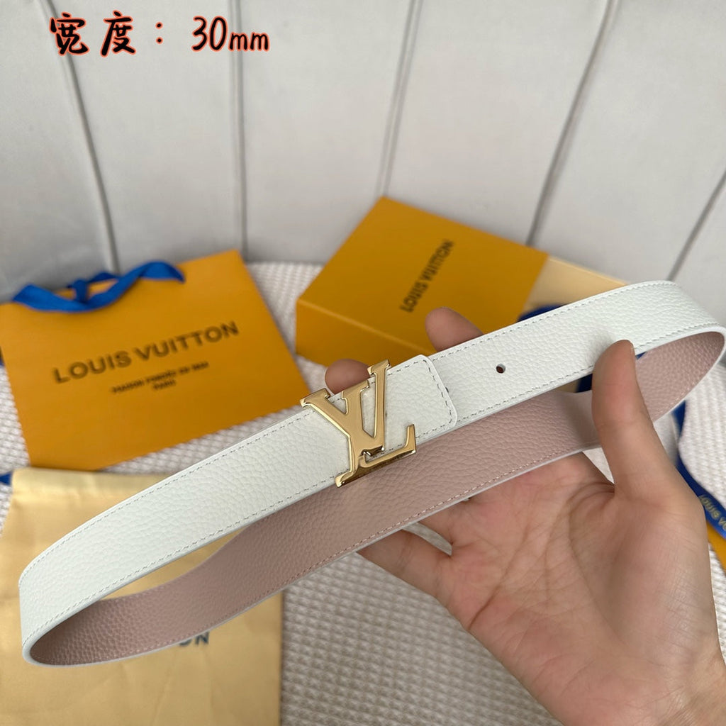 LV 30 MM BELTS IN WHITE AND PINK PASTEL CALFSKIN GOLD HARDWARE