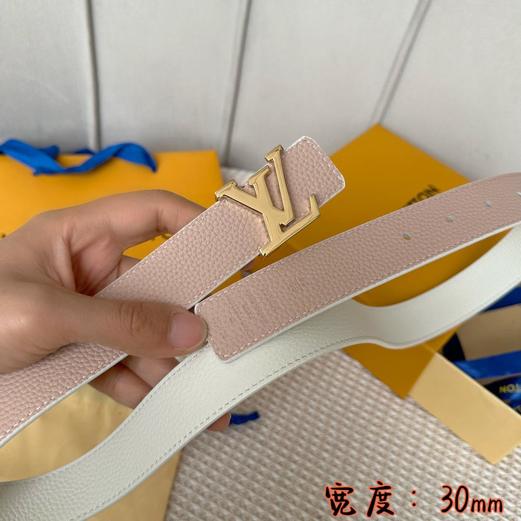 LV 30 MM BELTS IN WHITE AND PINK PASTEL CALFSKIN GOLD HARDWARE