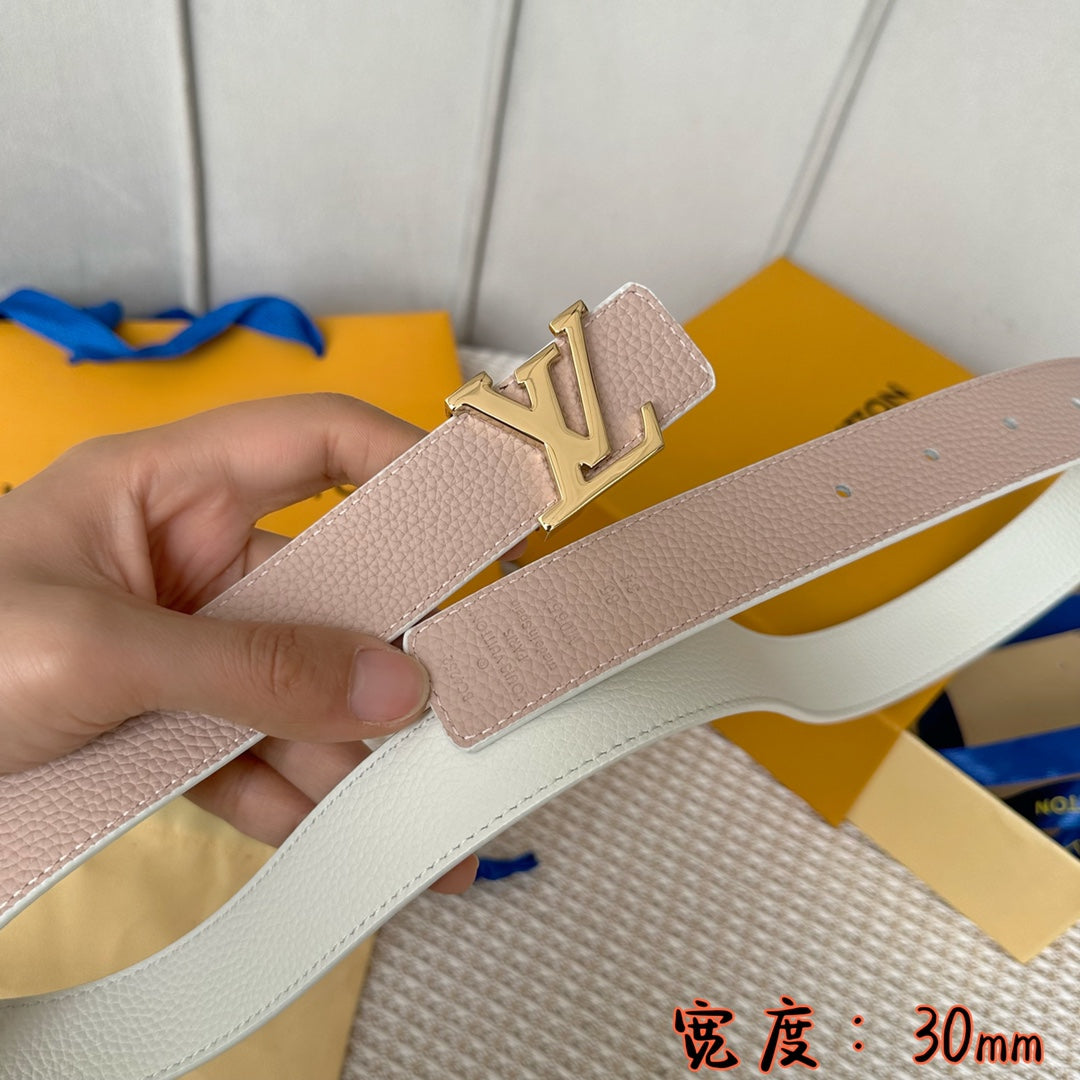 LV 30 MM BELTS IN WHITE AND PINK PASTEL CALFSKIN GOLD HARDWARE