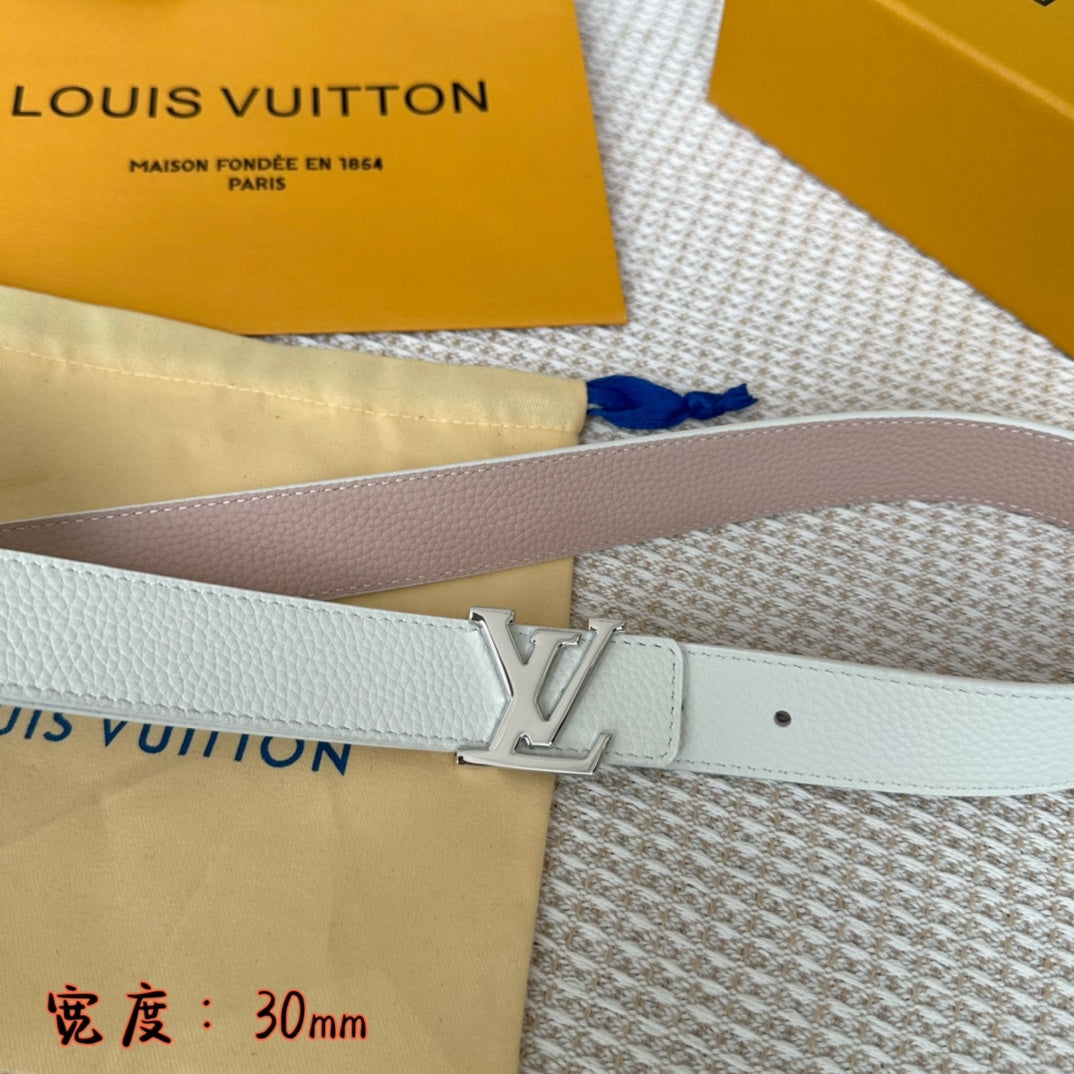 LV 30 MM BELTS IN WHITE AND PINK PASTEL CALFSKIN SILVER HARDWARE