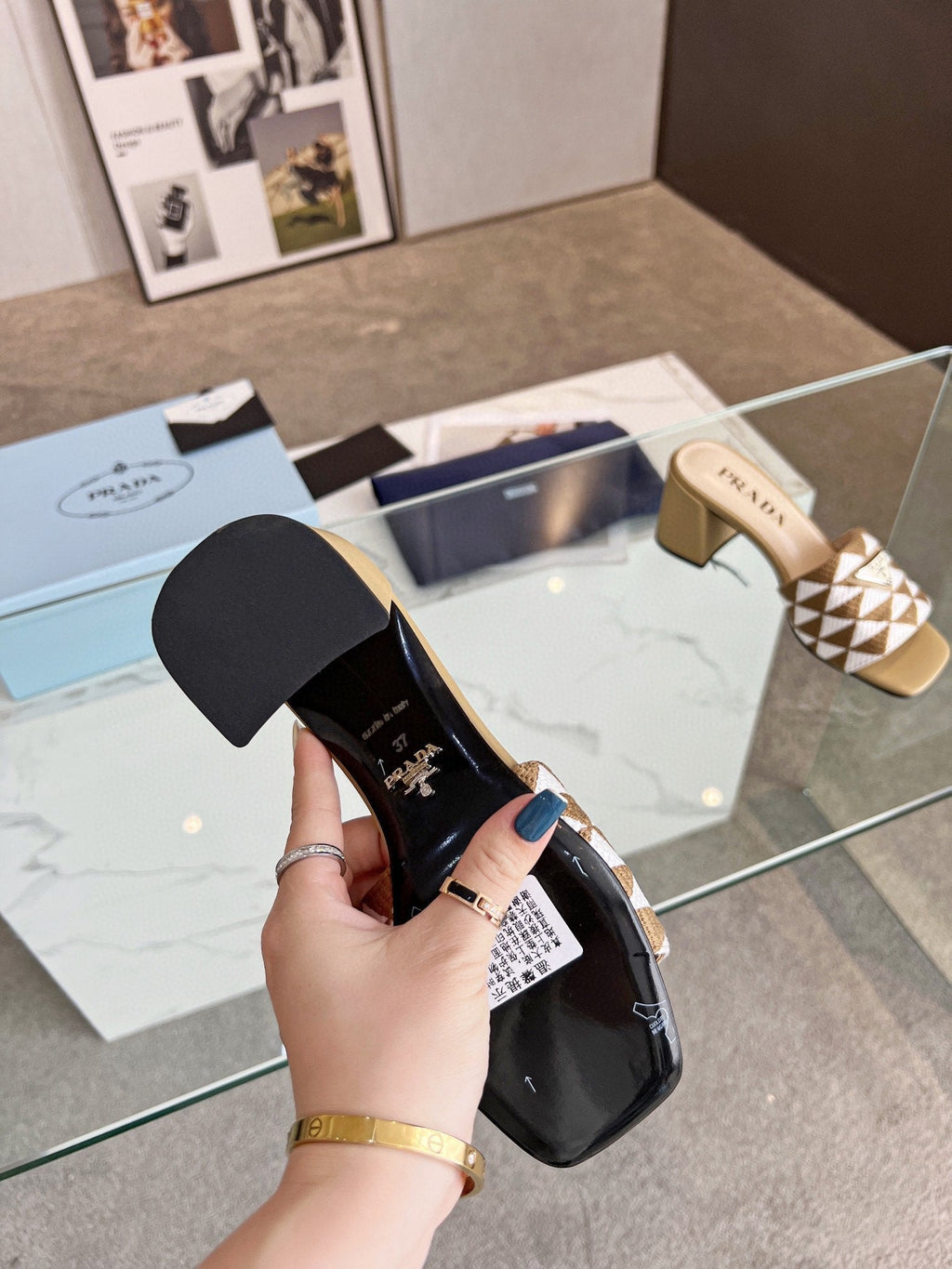 PRA EMBROIDERED SLIDES 65 TAWNY AND WHITE FABRIC