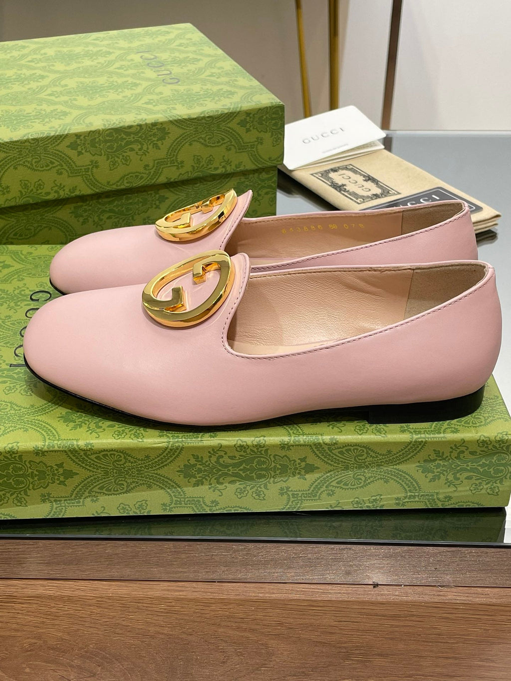 BLONDIE LOGO-PLAQUE LOAFERS IN LIGHT PINK CALFSKIN WITH GOLD HARDWARE
