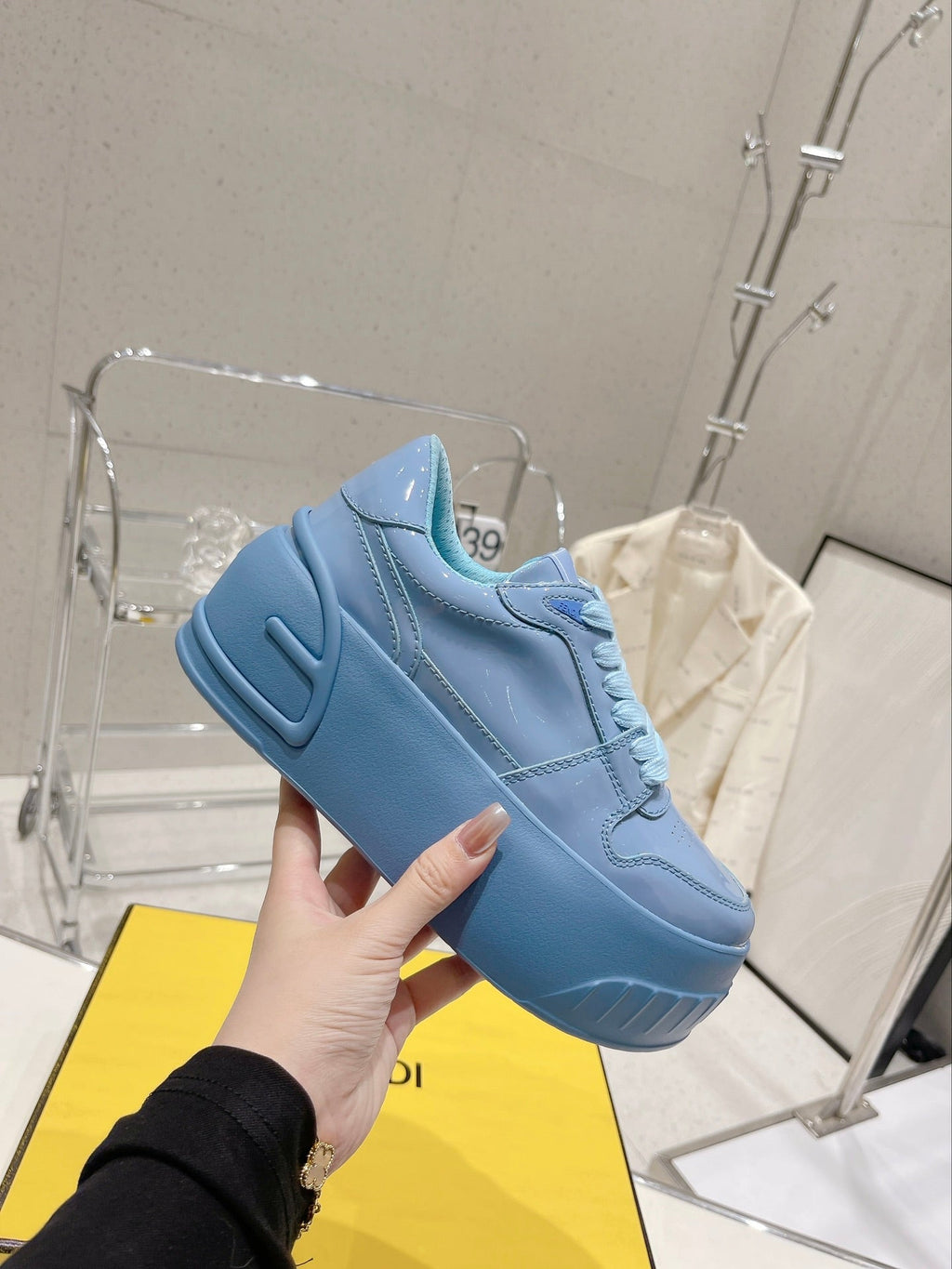 FENDI LOW-TOP TRAINER IN CERULEAN BLUE CALFSKIN