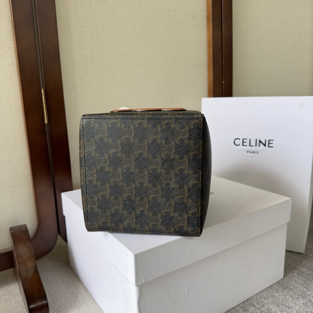 CUBE BAG 15 IN BLACK TRIOMPHE CANVAS AND BROWN CALFSKIN