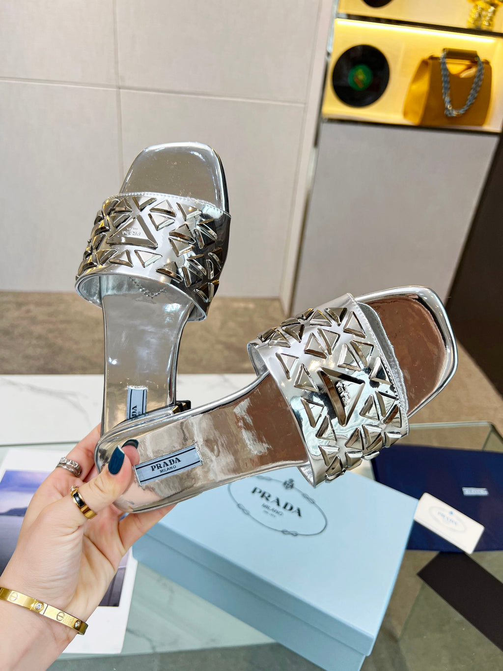 PRA EMBROIDERED SLIDES FLAT SILVER CALFSKIN