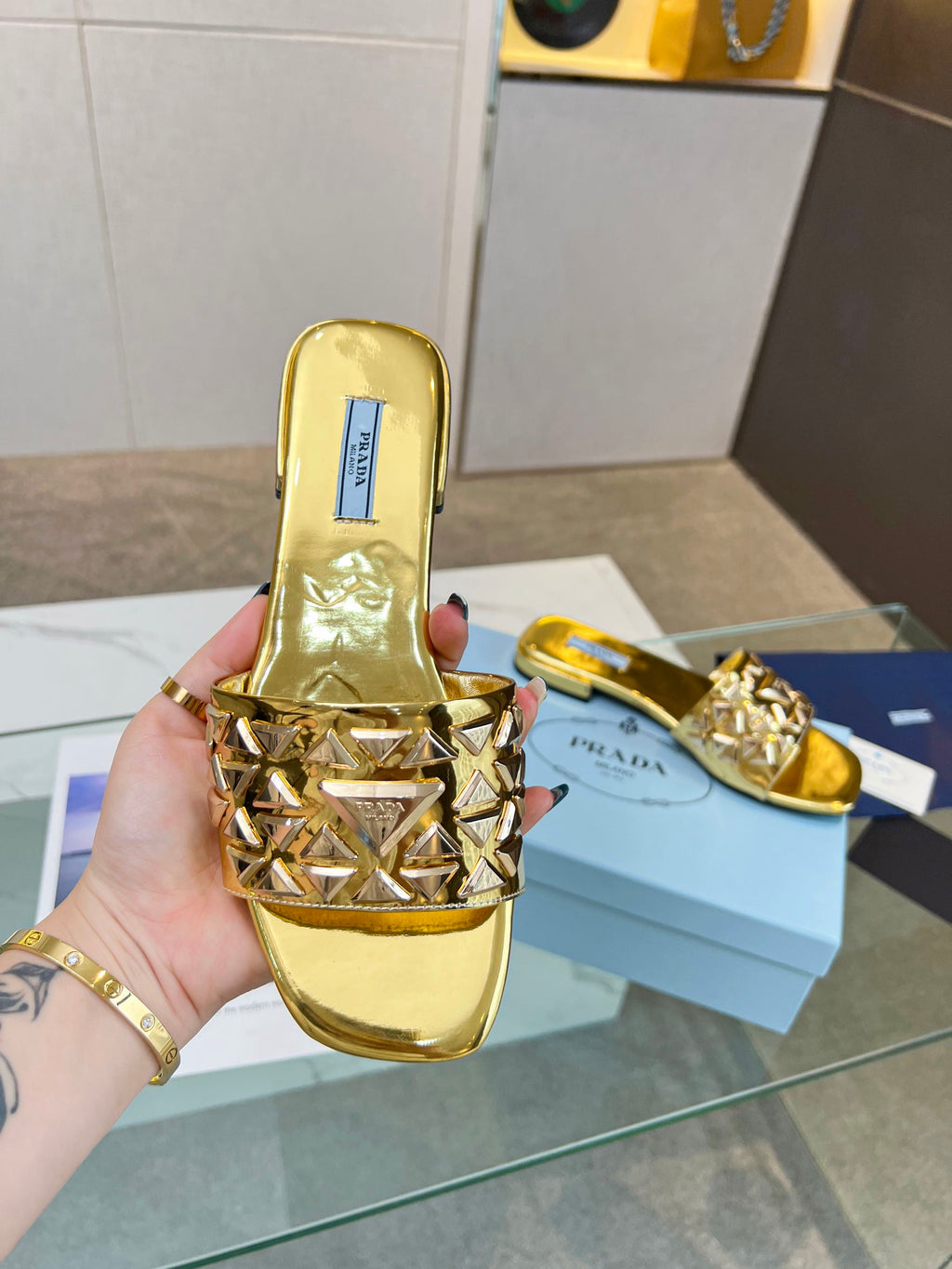 PRA EMBROIDERED SLIDES FLAT METALLIC GOLD CALFSKIN