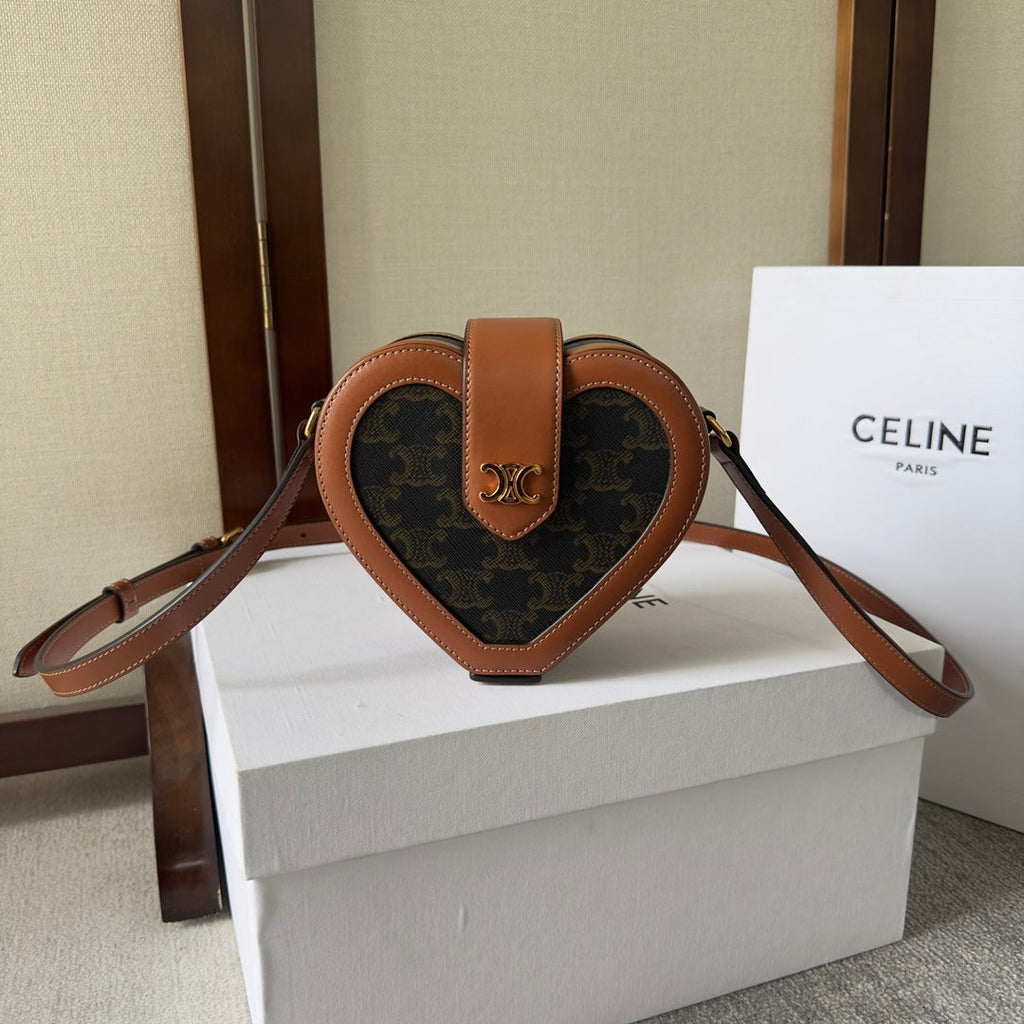 HEART TAMBOUR BAG 15 IN BLACK TRIOMPHE CANVAS AND BRONZE BROWN CALFSKIN