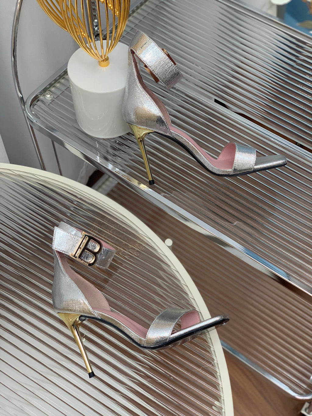 BALMAIN 25S B STRAP HIGH HEEL SANDALS 95MM IN SILVER CALFSKIN