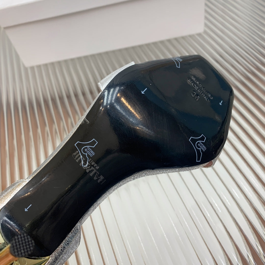 BALMAIN 25S B STRAP HIGH HEEL SANDALS 95MM IN SILVER CALFSKIN