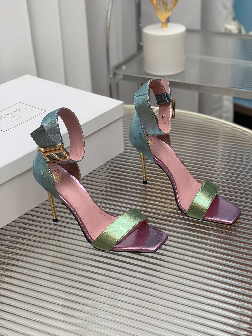 BALMAIN 25S B STRAP HIGH HEEL SANDALS 95MM IN MULTICOLOR CALFSKIN