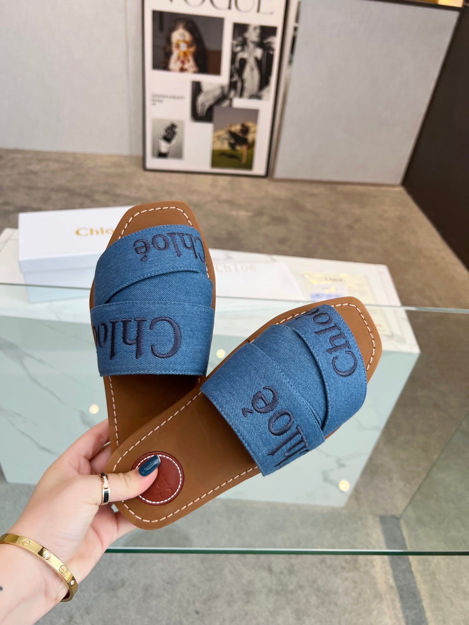 WOODY MULE IN COBALT BLUE DENIM WITH EMBROIDERED LOGO