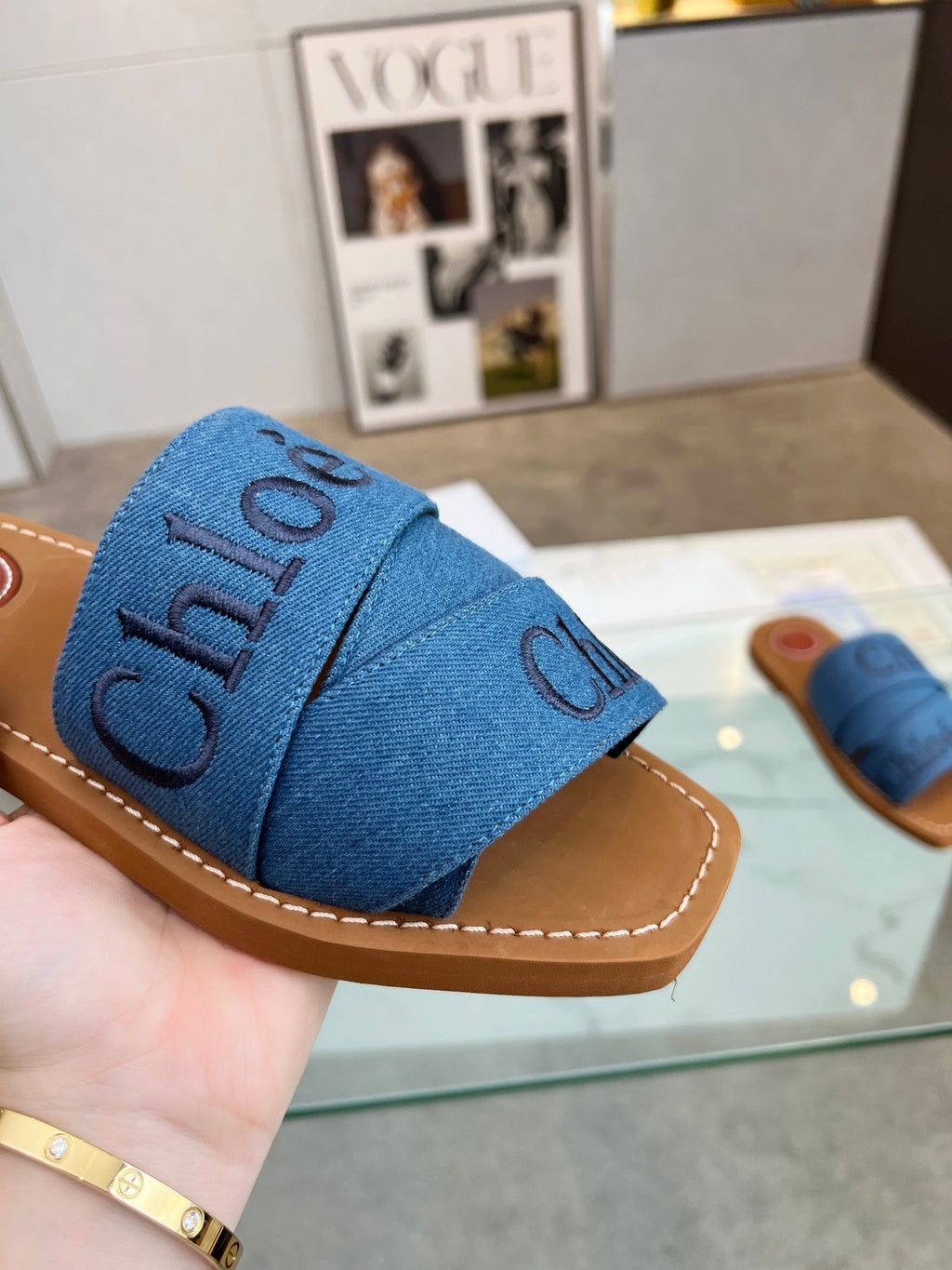 WOODY MULE IN COBALT BLUE DENIM WITH EMBROIDERED LOGO