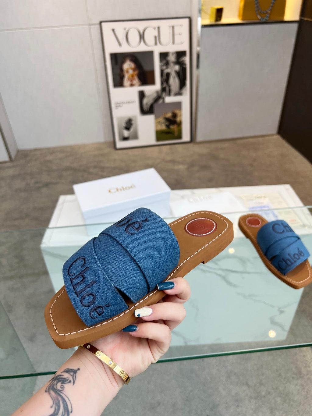 WOODY MULE IN COBALT BLUE DENIM WITH EMBROIDERED LOGO