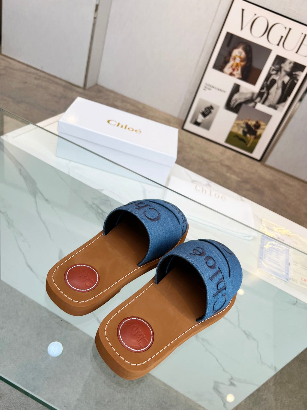 WOODY MULE IN COBALT BLUE DENIM WITH EMBROIDERED LOGO