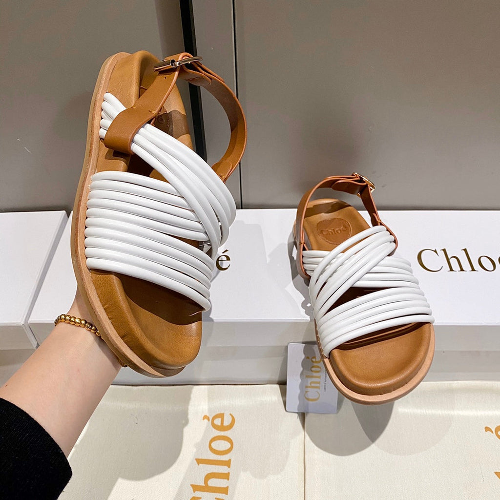 CHLOÉ CROSS STRAP SANDAL IN WHITE MIX BRONZE BROWN RUBBER WITH GOLD HARDWARE
