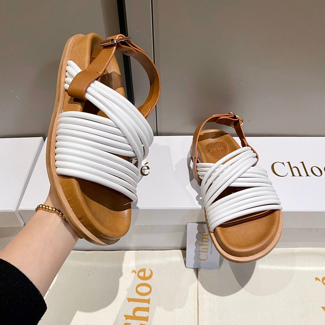 CHLOÉ CROSS STRAP SANDAL IN WHITE MIX BRONZE BROWN RUBBER WITH GOLD HARDWARE
