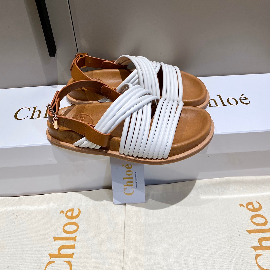CHLOÉ CROSS STRAP SANDAL IN WHITE MIX BRONZE BROWN RUBBER WITH GOLD HARDWARE