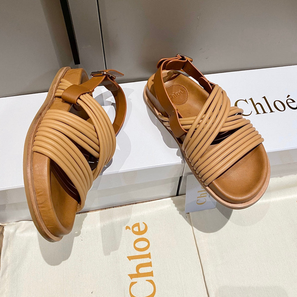 CHLOÉ CROSS STRAP SANDAL IN BRONZE BROWN RUBBER WITH GOLD HARDWARE