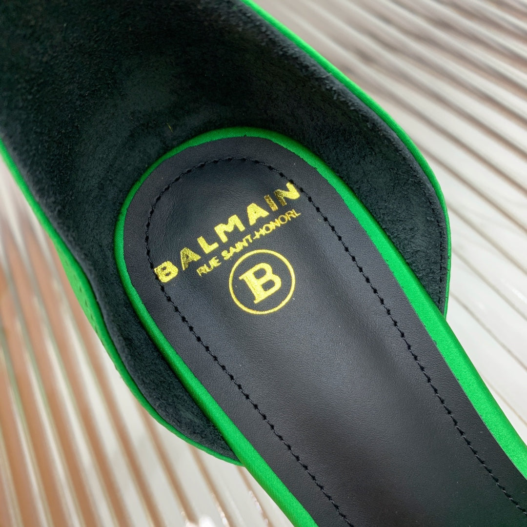 BALMAIN 25S KNOTTED HIGH HEELS 95MM IN KELLY GREEN SATIN