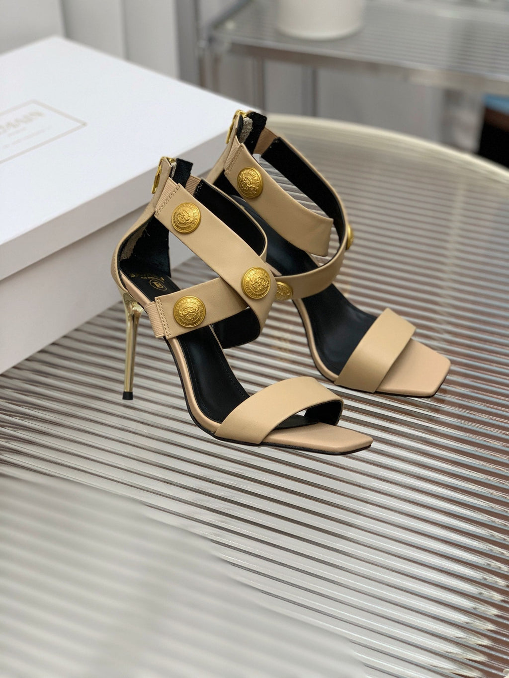 BALMAIN 25S CROSSOVER STRAP HIGH HEELS 95MM IN LIGHT BROWN CALFSKIN