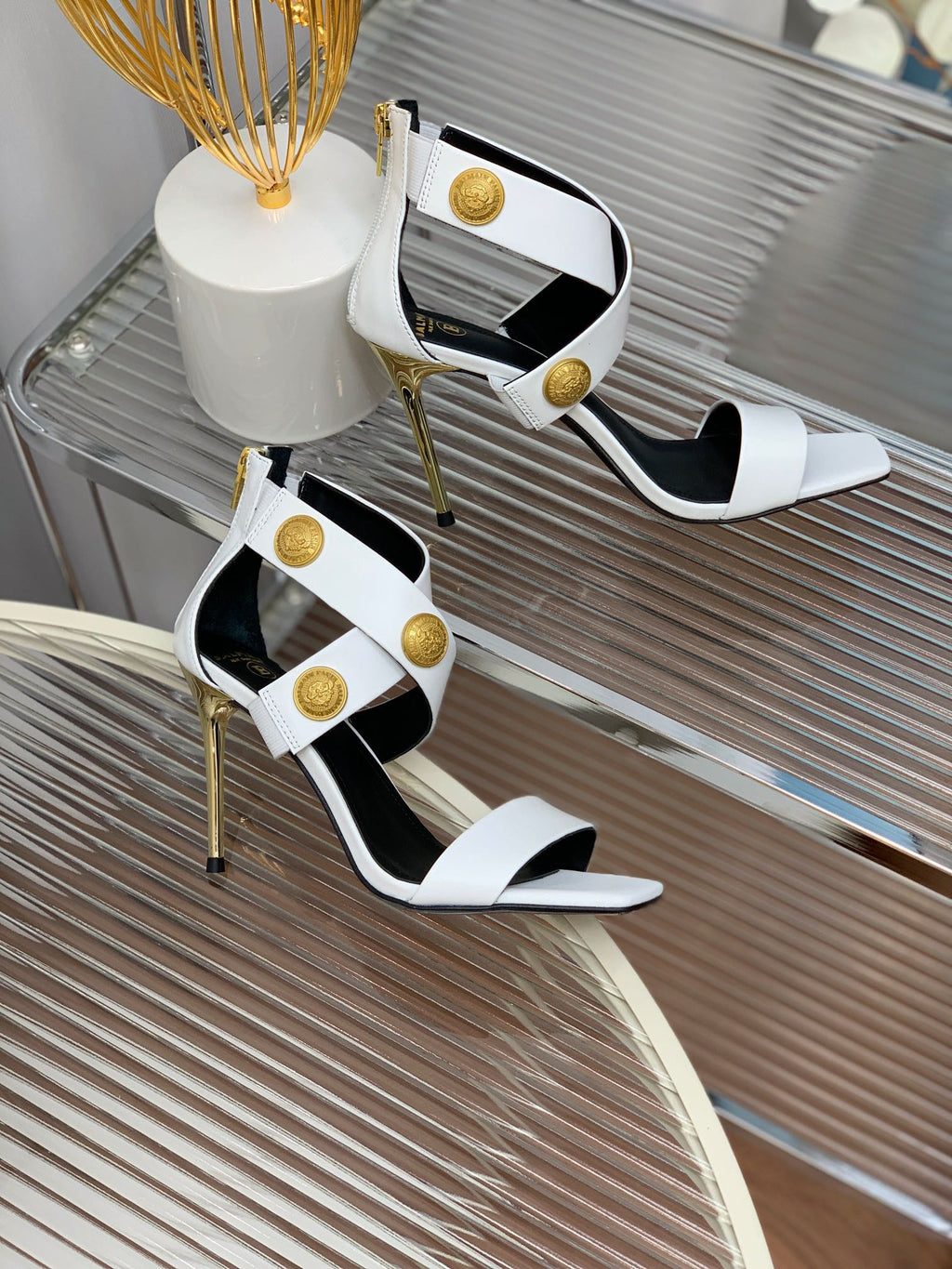 BALMAIN 25S CROSSOVER STRAP HIGH HEELS 95MM IN LIGHT GRAY CALFSKIN