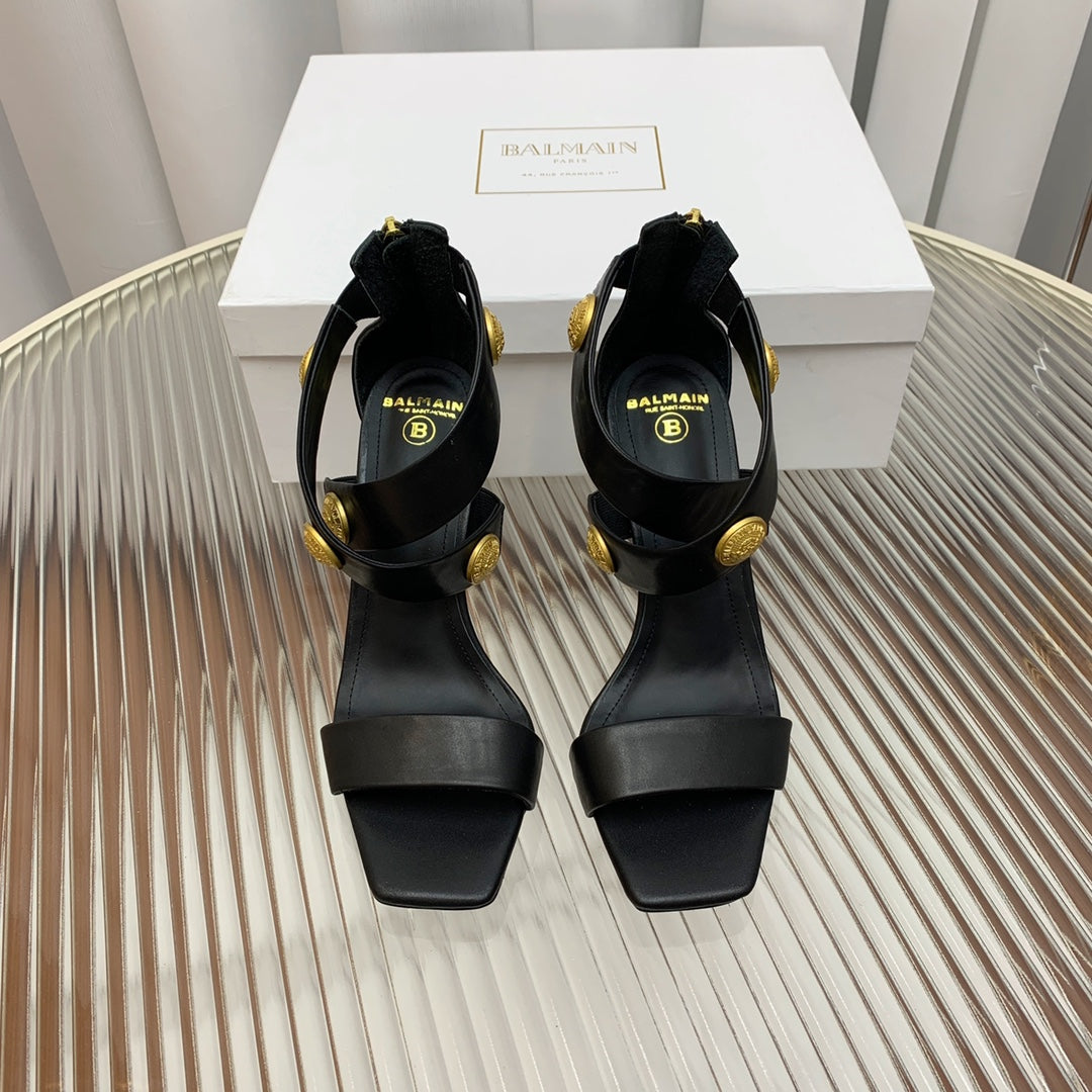 BALMAIN 25S CROSSOVER STRAP HIGH HEELS 95MM IN BLACK CALFSKIN