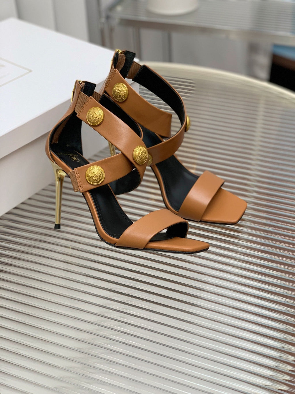 BALMAIN 25S CROSSOVER STRAP HIGH HEELS 95MM IN BROWN CALFSKIN