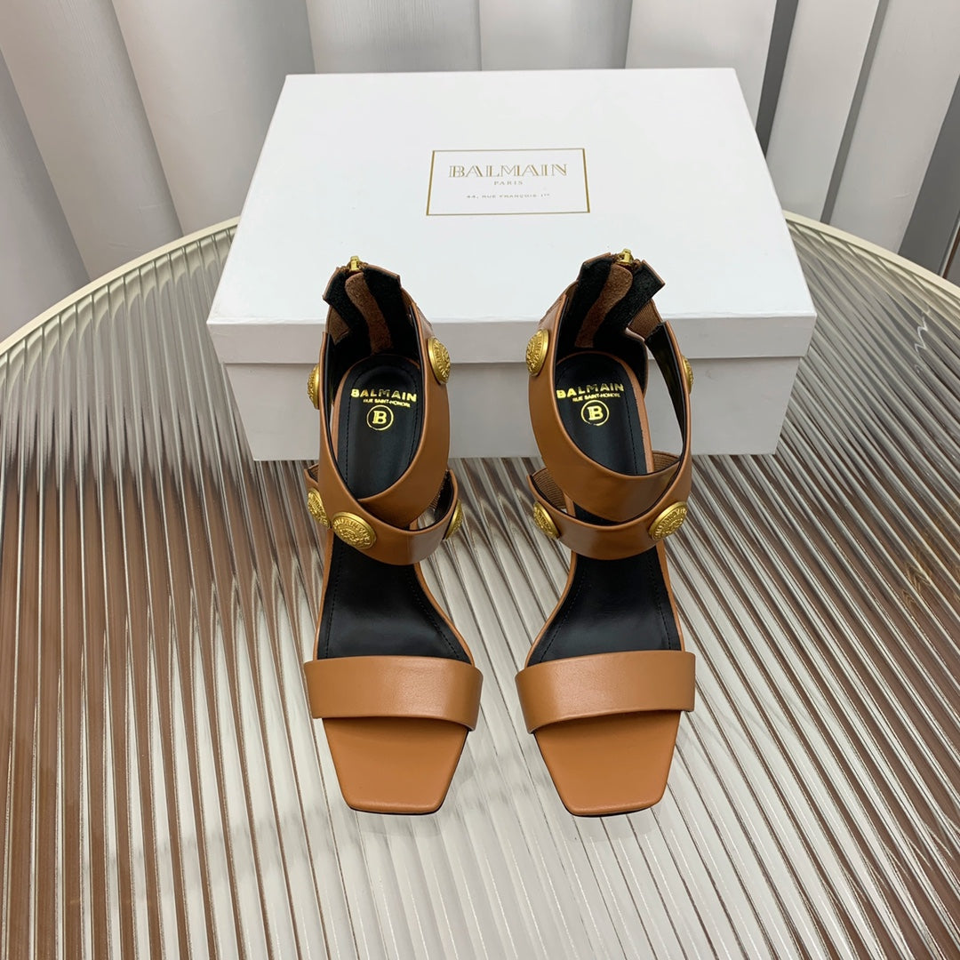 BALMAIN 25S CROSSOVER STRAP HIGH HEELS 95MM IN BROWN CALFSKIN