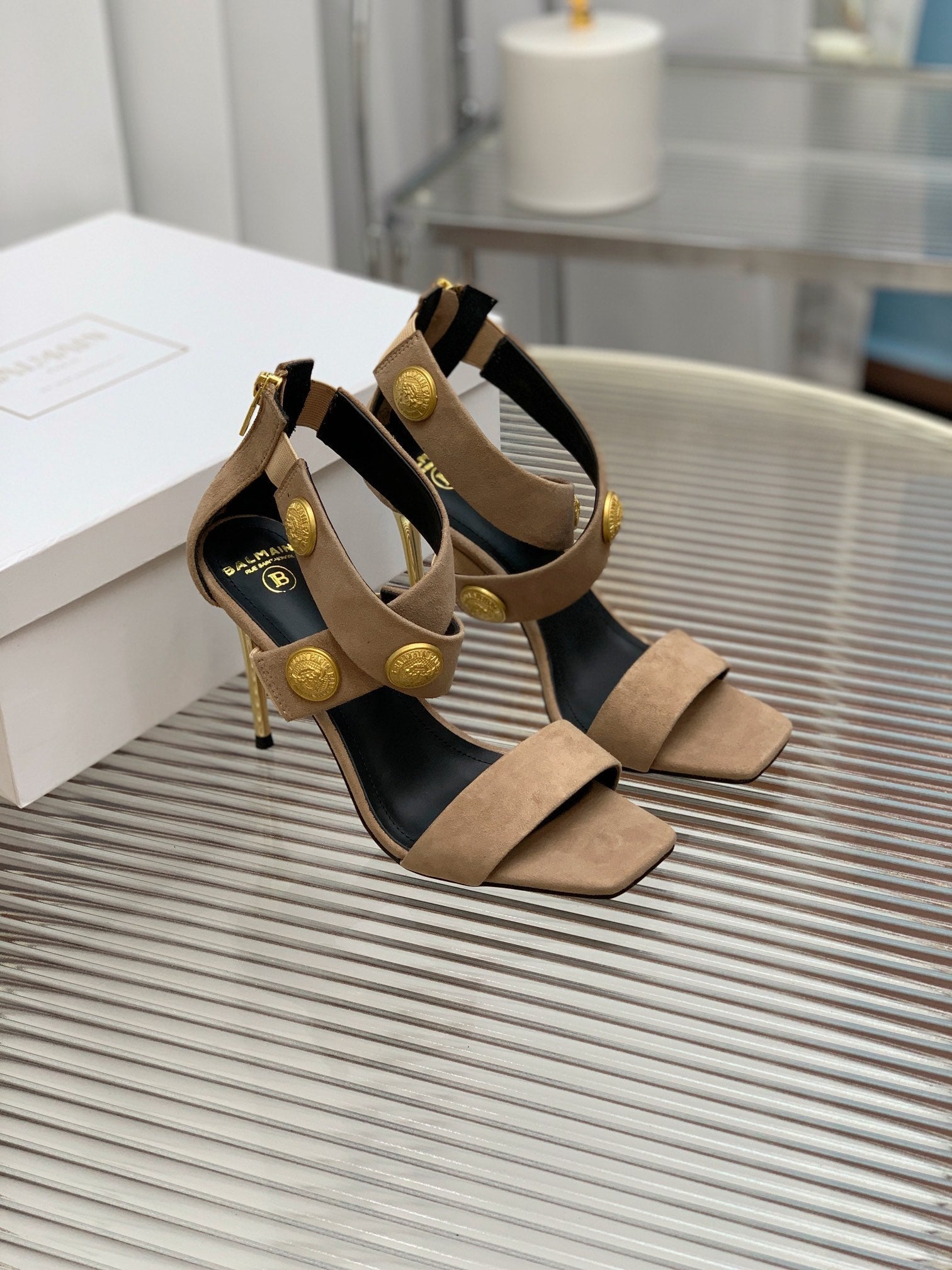 BALMAIN 25S CROSSOVER STRAP HIGH HEELS 95MM IN LIGHT BROWN SUEDE