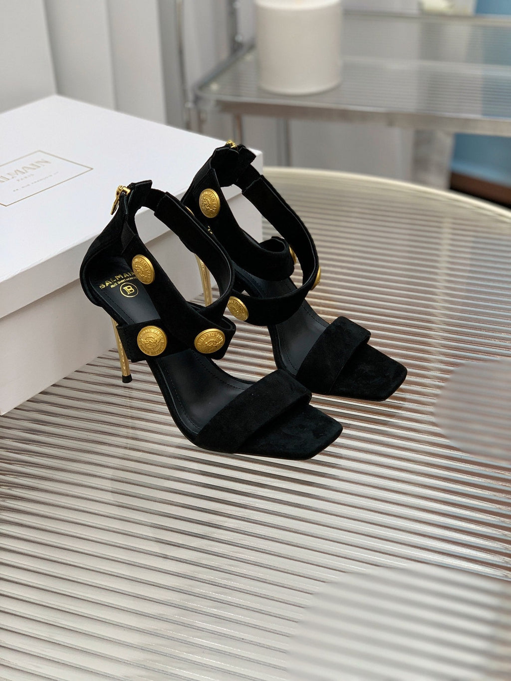 BALMAIN 25S CROSSOVER STRAP HIGH HEELS 95MM IN BLACK SUEDE
