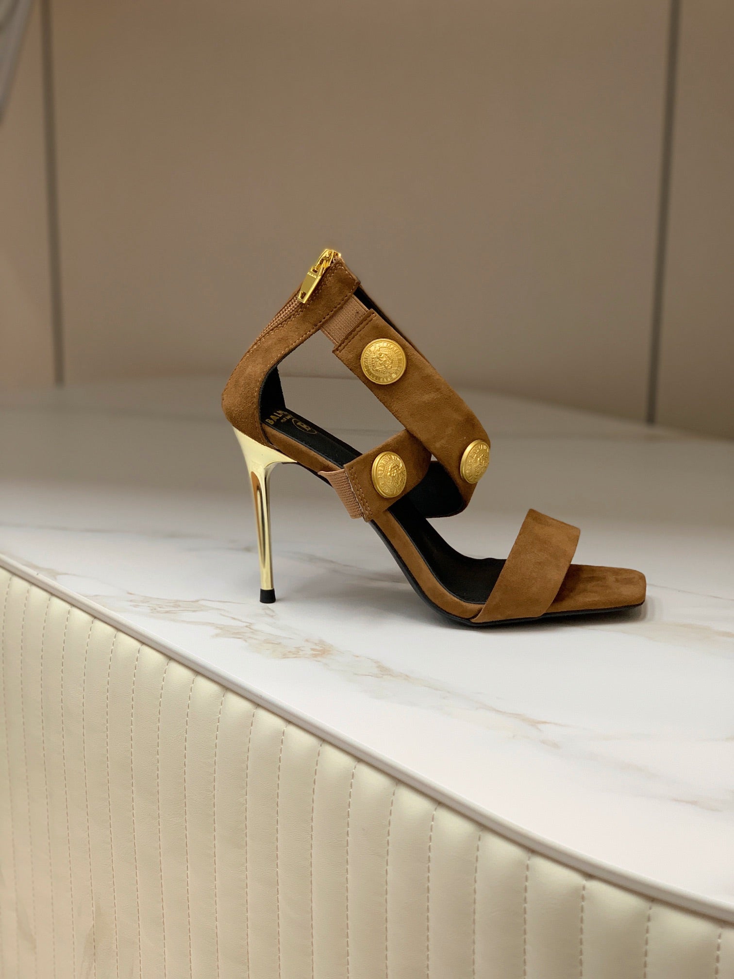BALMAIN 25S CROSSOVER STRAP HIGH HEELS 95MM IN BROWN SUEDE