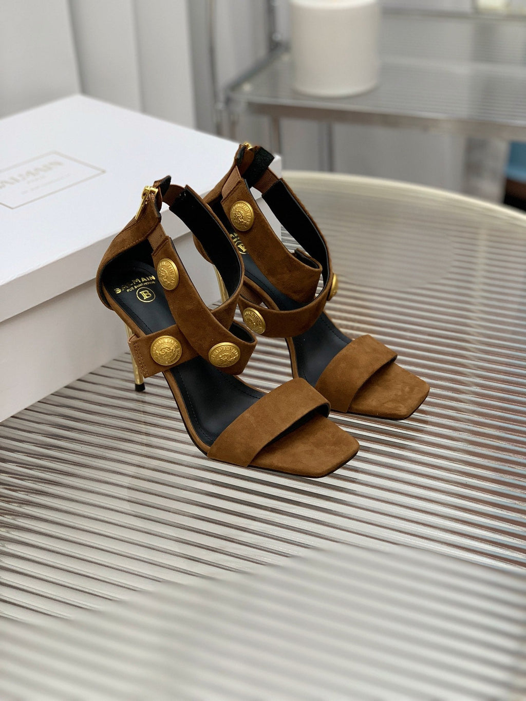 BALMAIN 25S CROSSOVER STRAP HIGH HEELS 95MM IN BROWN SUEDE