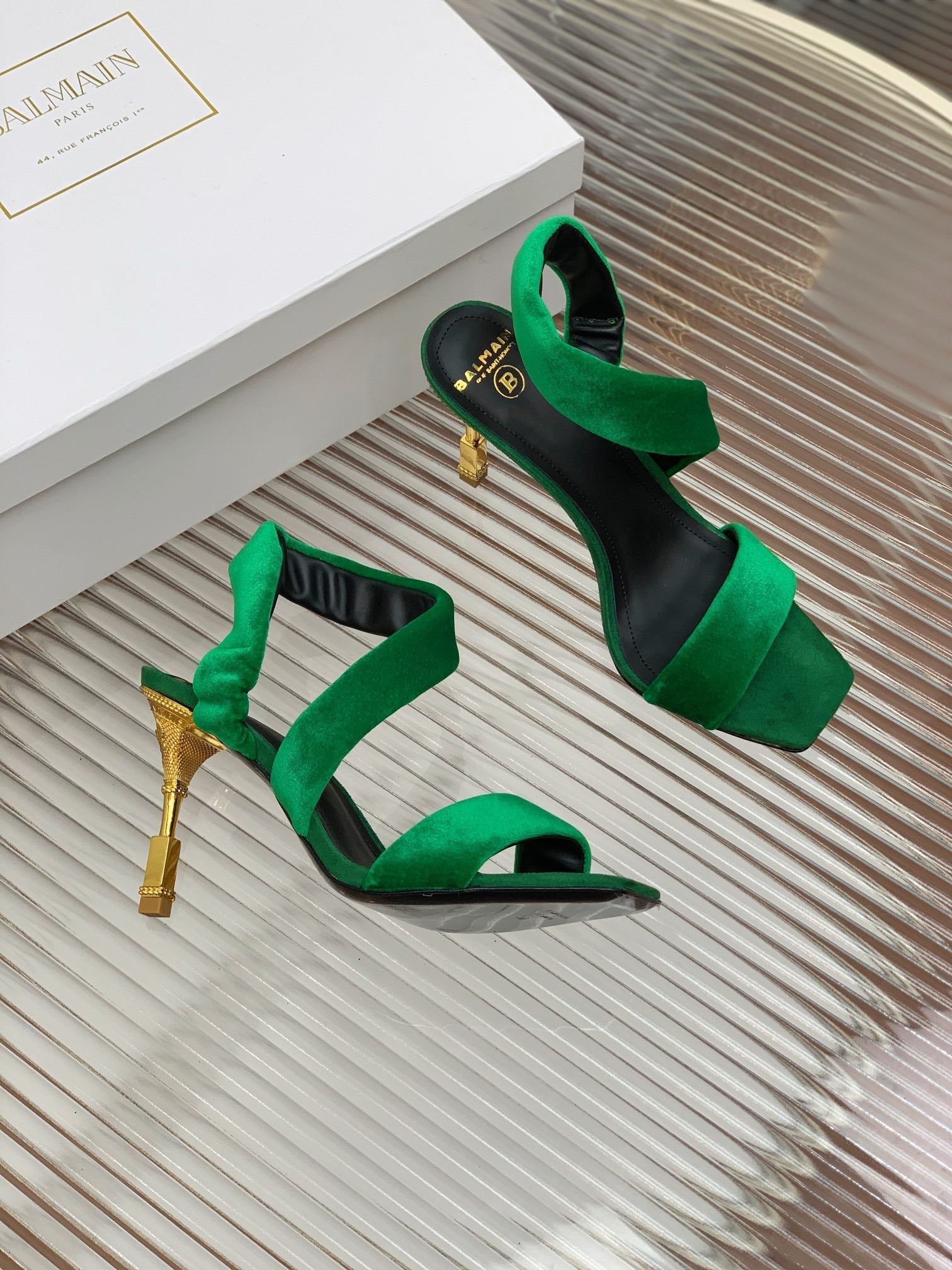BALMAIN 25S MONETA HEELED SANDALS 95MM IN DARK GREEN VELVET