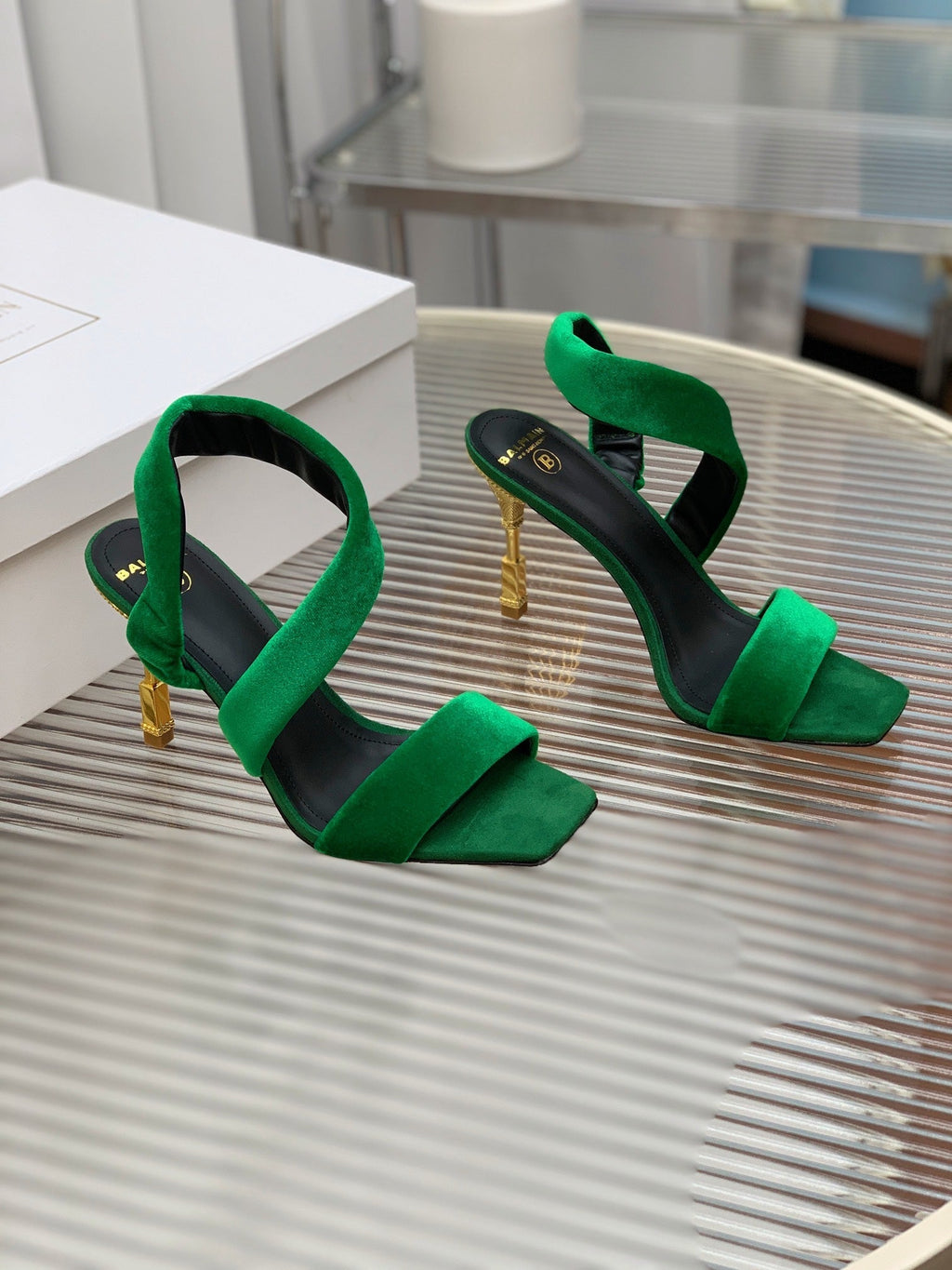 BALMAIN 25S MONETA HEELED SANDALS 95MM IN DARK GREEN VELVET