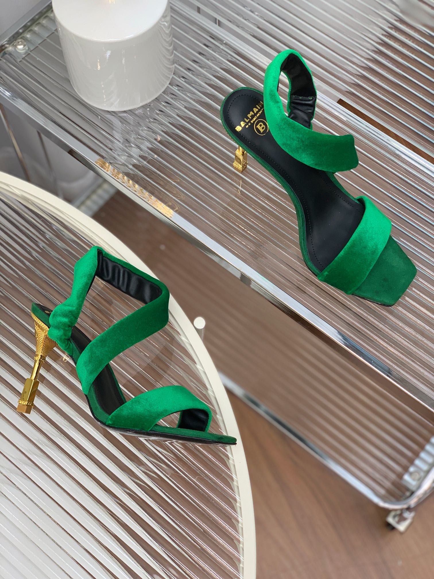 BALMAIN 25S MONETA HEELED SANDALS 95MM IN DARK GREEN VELVET
