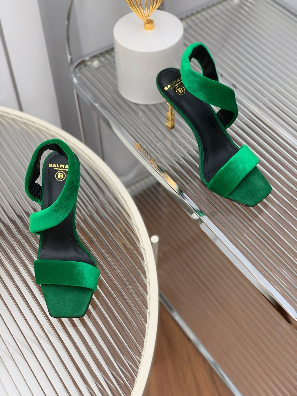 BALMAIN 25S MONETA HEELED SANDALS 95MM IN DARK GREEN VELVET