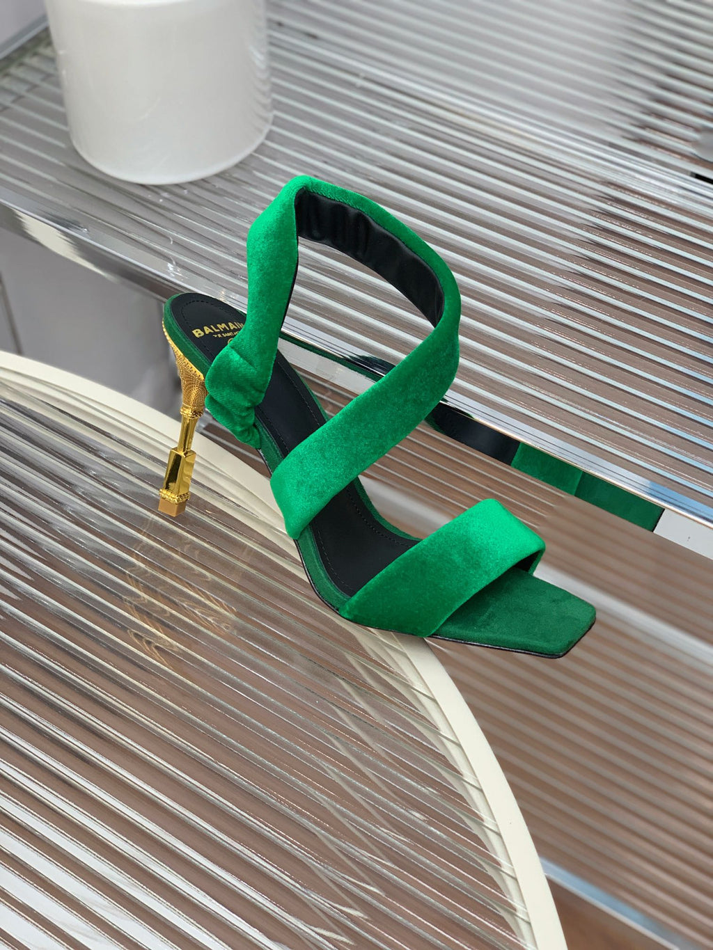 BALMAIN 25S MONETA HEELED SANDALS 95MM IN DARK GREEN VELVET