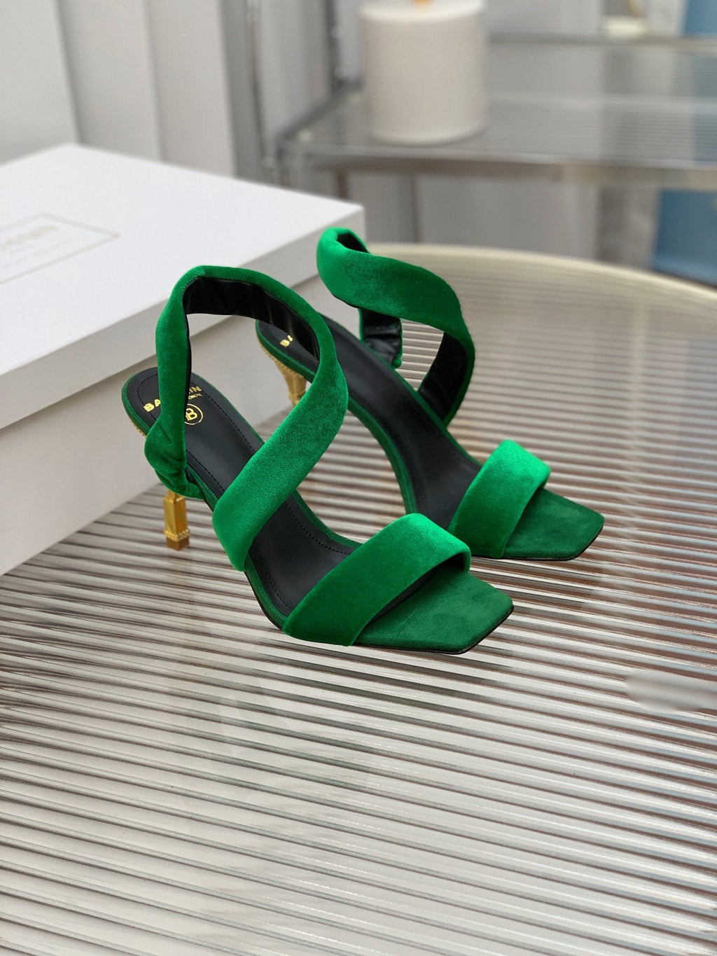 BALMAIN 25S MONETA HEELED SANDALS 95MM IN DARK GREEN VELVET