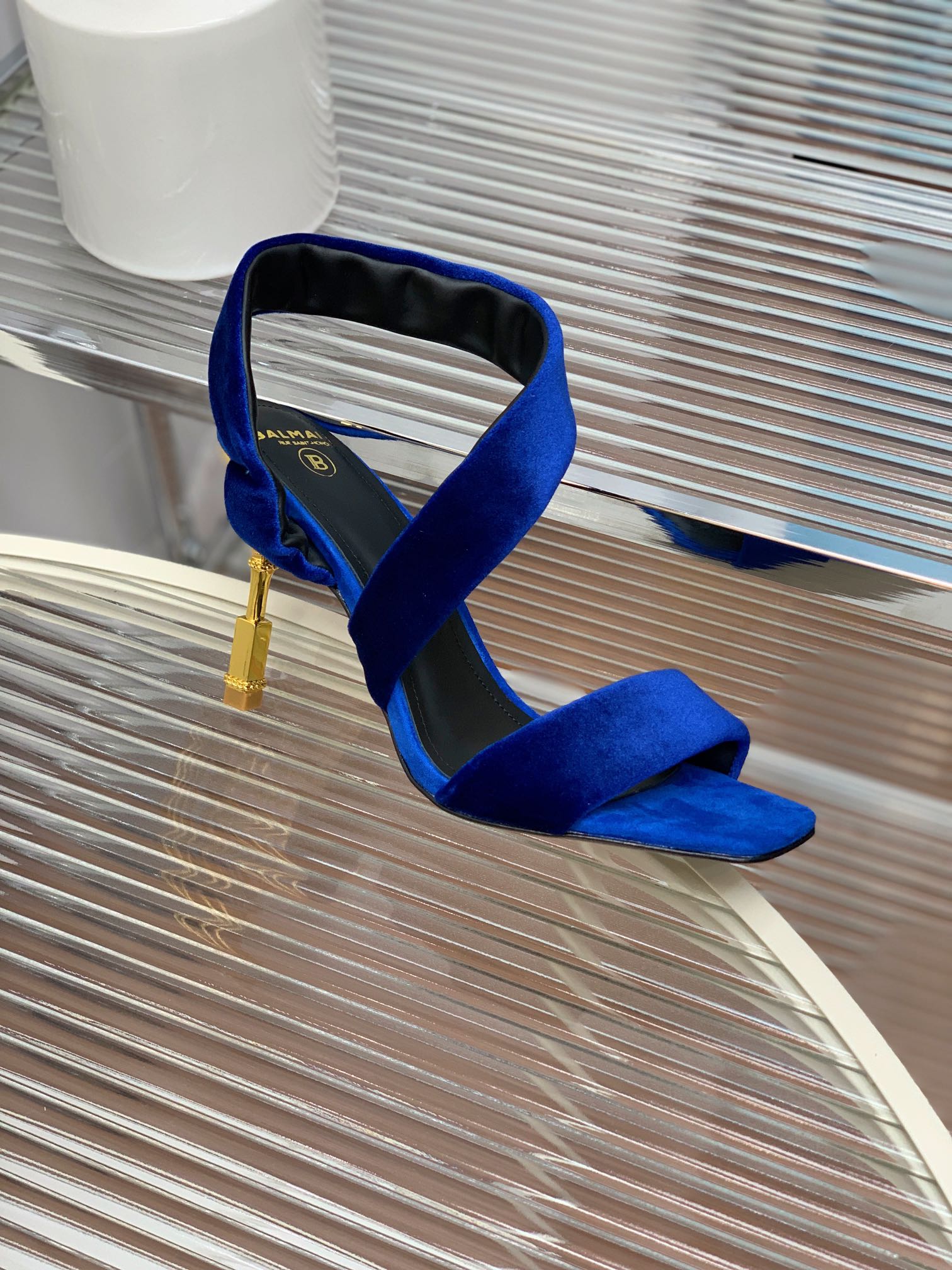BALMAIN 25S MONETA HEELED SANDALS 95MM IN DARK BLUE VELVET