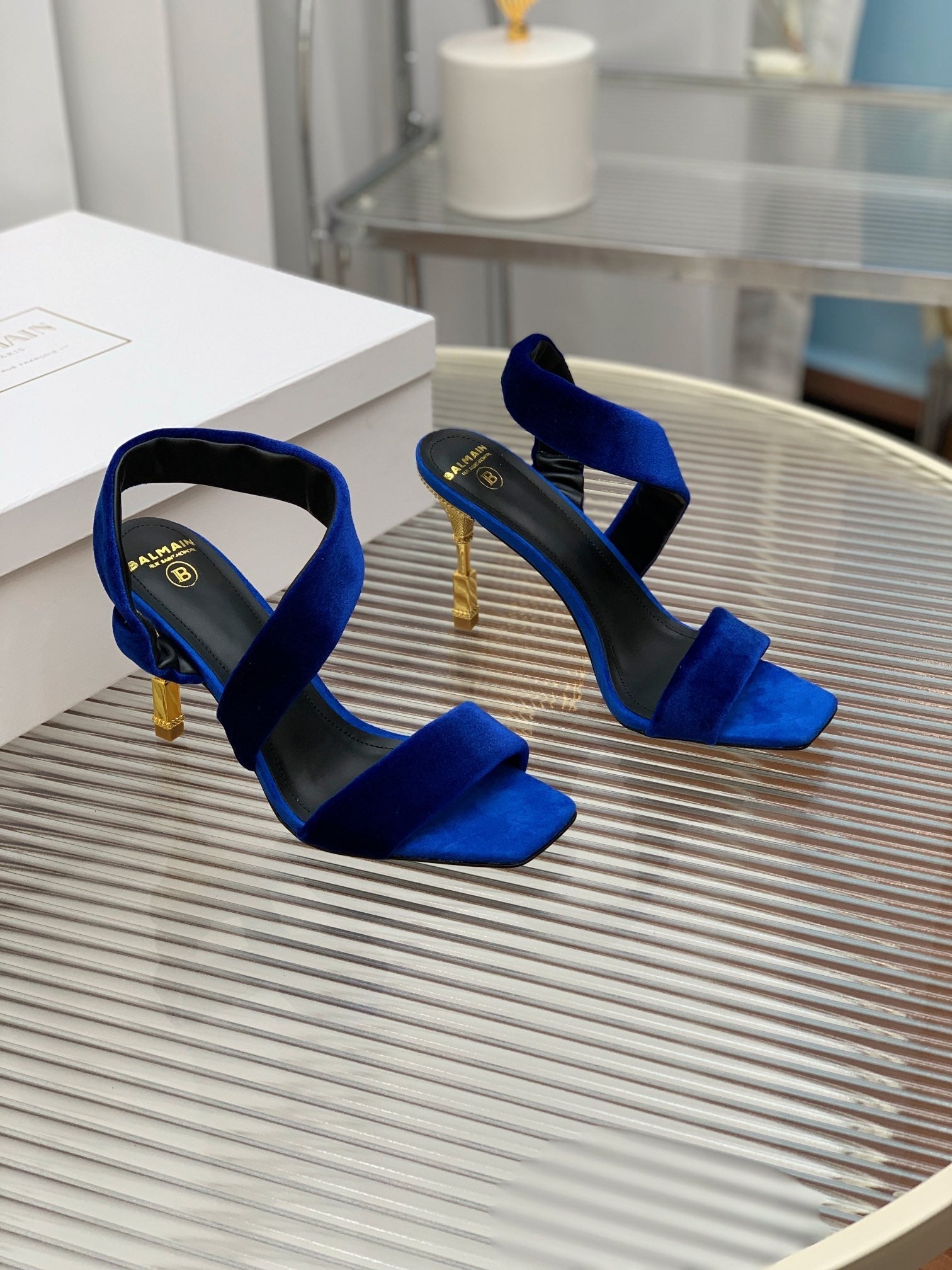 BALMAIN 25S MONETA HEELED SANDALS 95MM IN DARK BLUE VELVET