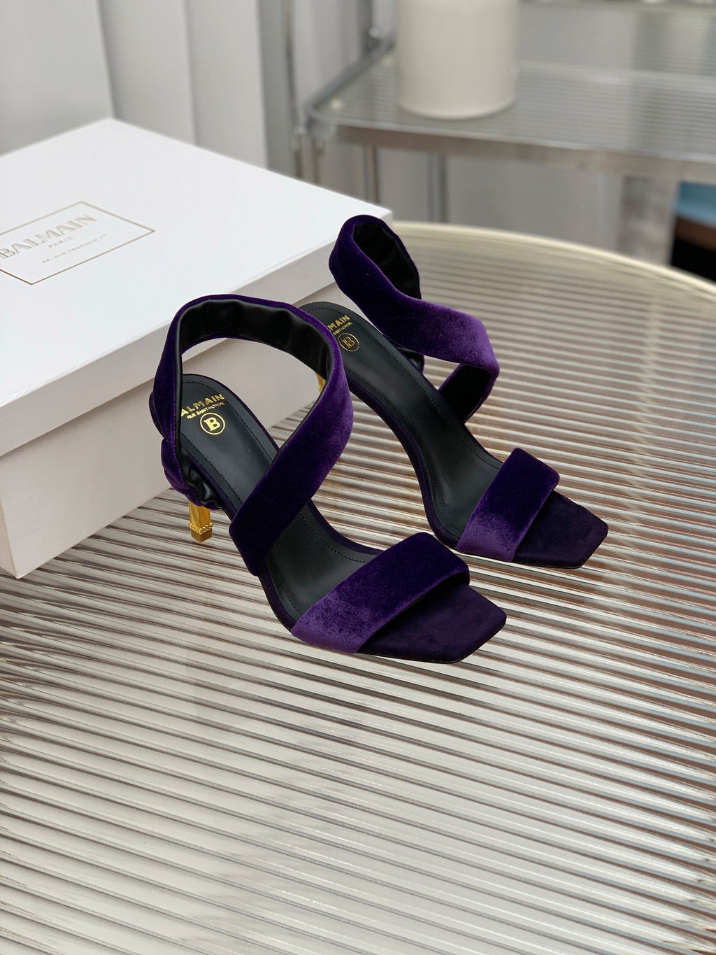 BALMAIN 25S MONETA HEELED SANDALS 95MM IN DEEP PURPLE VELVET