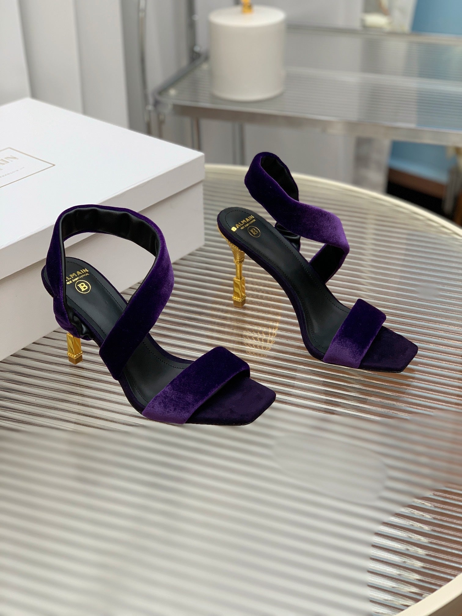 BALMAIN 25S MONETA HEELED SANDALS 95MM IN DEEP PURPLE VELVET