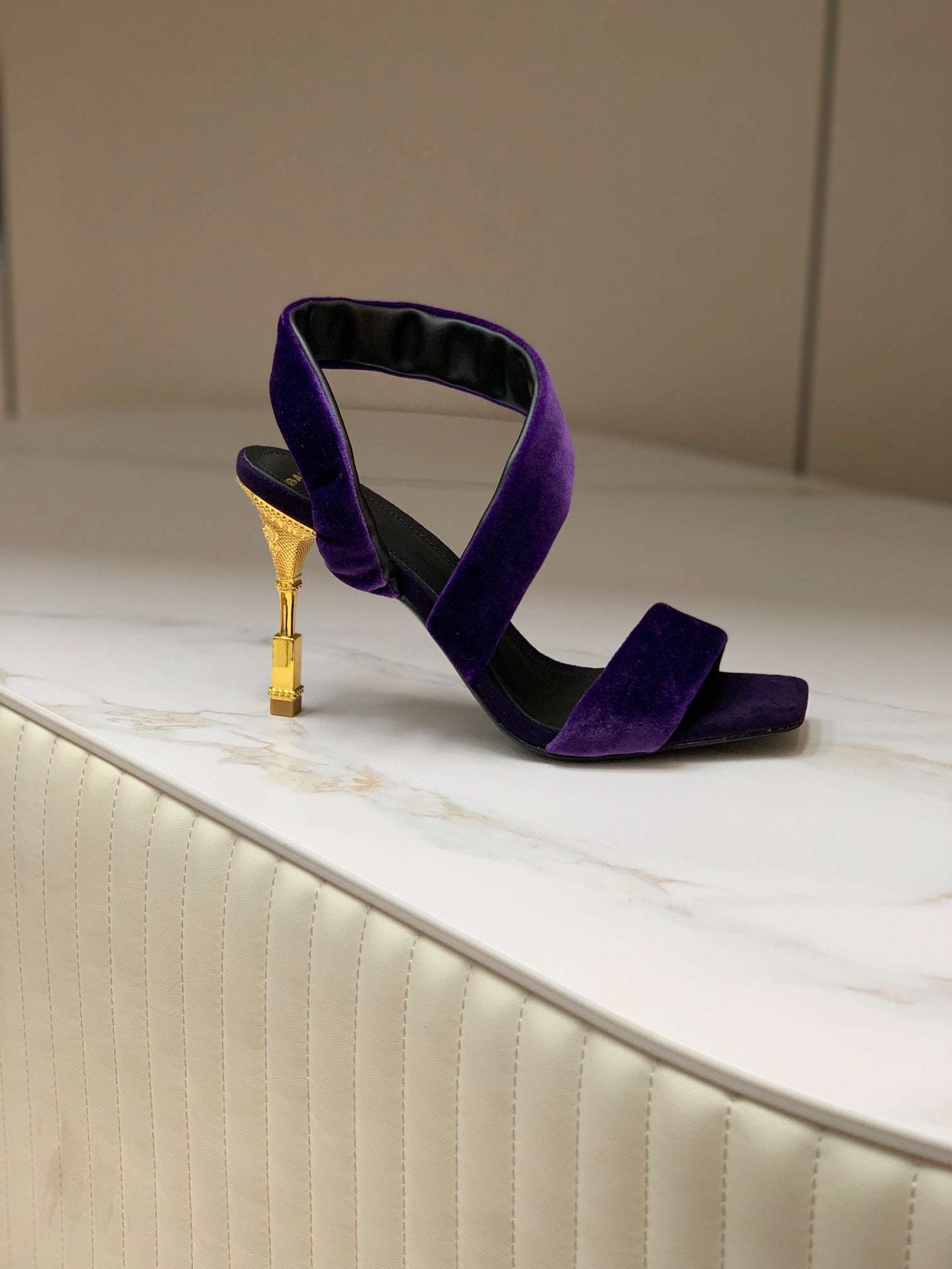 BALMAIN 25S MONETA HEELED SANDALS 95MM IN DEEP PURPLE VELVET